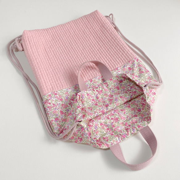 ヌビ　ナップサック　お着替え袋　イブル　花　小花　フラワー　ピンク　コーラルピンク　女の子 2枚目の画像