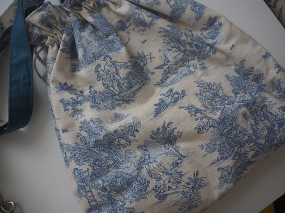 巾着バッグtoile de Jouy bleu+まん丸ポーチ 6枚目の画像