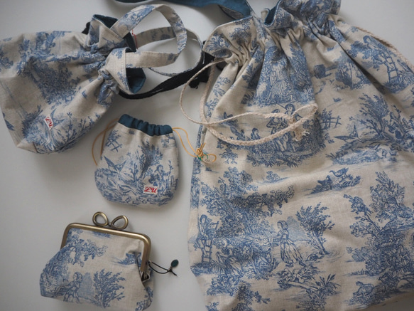 巾着バッグtoile de Jouy bleu+まん丸ポーチ 10枚目の画像