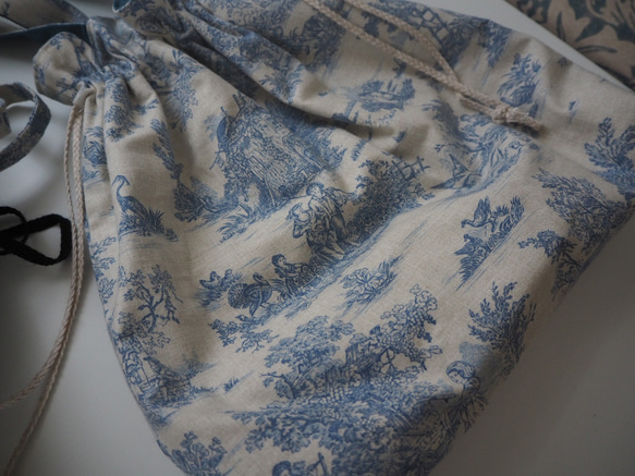 巾着バッグtoile de Jouy bleu+まん丸ポーチ 5枚目の画像