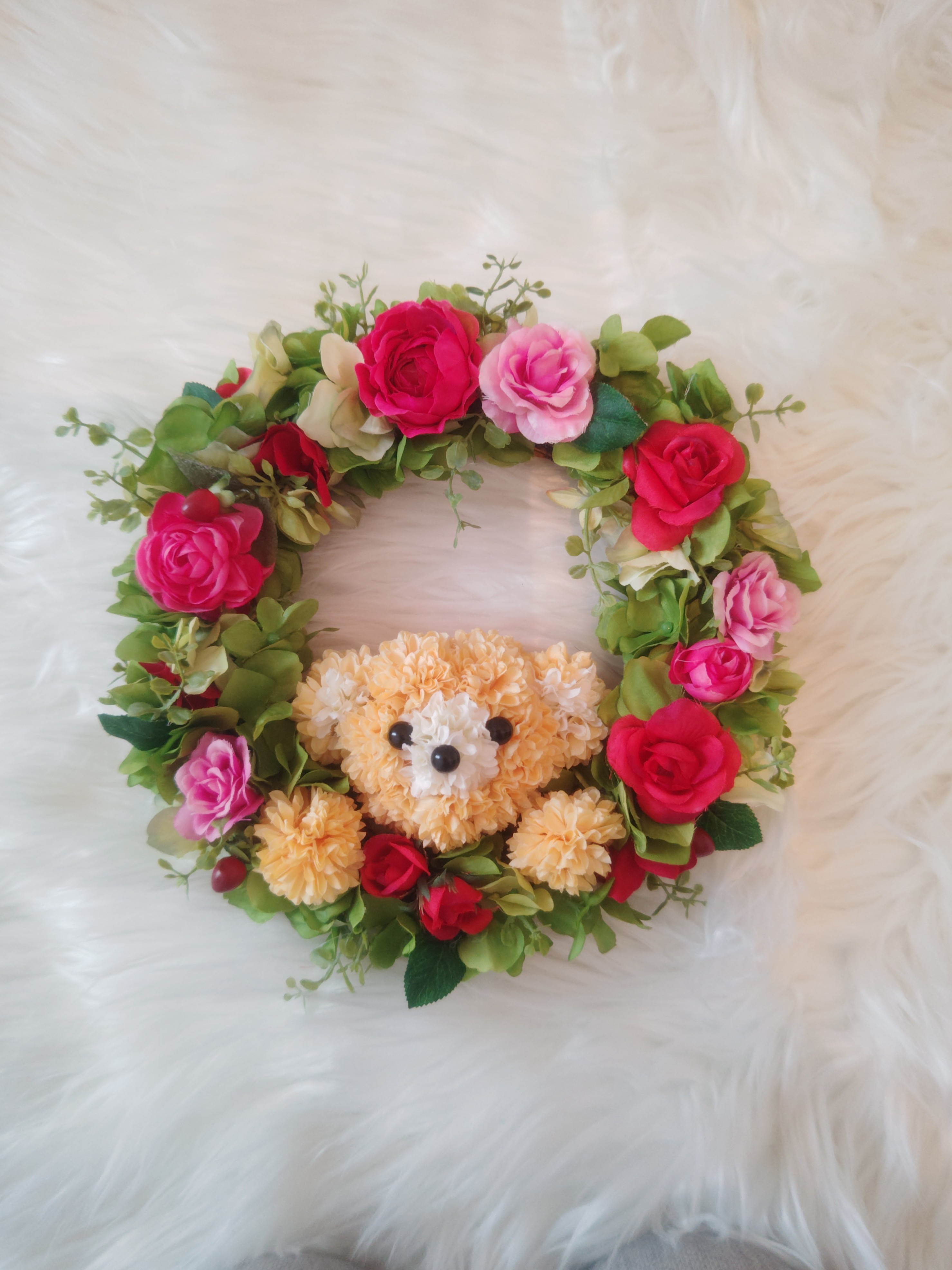 【受注製作】赤いバラと花テディベアのリース