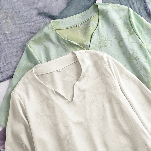 ジャガード織とんす生地ワンピース　Vネック5分袖丈ワンピース　グリーンとベージュ2色　M-2XL　L366　 2枚目の画像