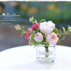 母の日ギフト【Creema限定】フェイクウォーター・シェルピンクとラズベリー色のバラが可愛いミニブーケ　　 1枚目の画像