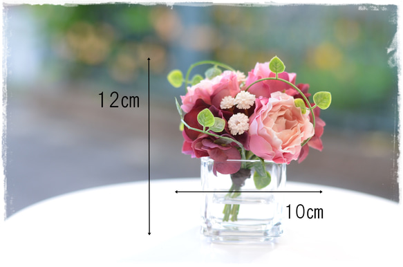【Creema限定】フェイクウォーター・ニュアンスピンクのバラとワイン色の紫陽花のミニブーケ　　 9枚目の画像