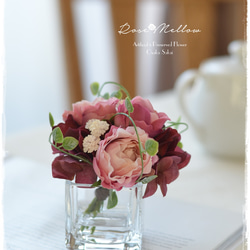 【Creema限定】フェイクウォーター・ニュアンスピンクのバラとワイン色の紫陽花のミニブーケ　　 4枚目の画像