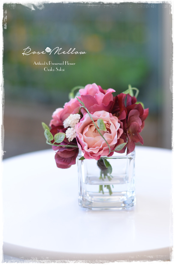 【Creema限定】フェイクウォーター・ニュアンスピンクのバラとワイン色の紫陽花のミニブーケ　　 3枚目の画像