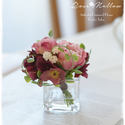 【Creema限定】フェイクウォーター・ニュアンスピンクのバラとワイン色の紫陽花のミニブーケ　　 5枚目の画像