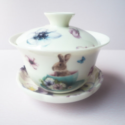 うさぎとパンジーの蓋碗　❤中国茶器　中国茶　台湾茶　ポーセラーツ❤ 1枚目の画像