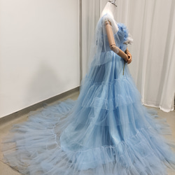 送料無料！カラードレス キャミソール 薄青  シースルー袖 柔らかく重ねたチュールスカート 結婚式 前撮り 5枚目の画像