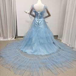 送料無料！カラードレス キャミソール 薄青  シースルー袖 柔らかく重ねたチュールスカート 結婚式 前撮り 6枚目の画像