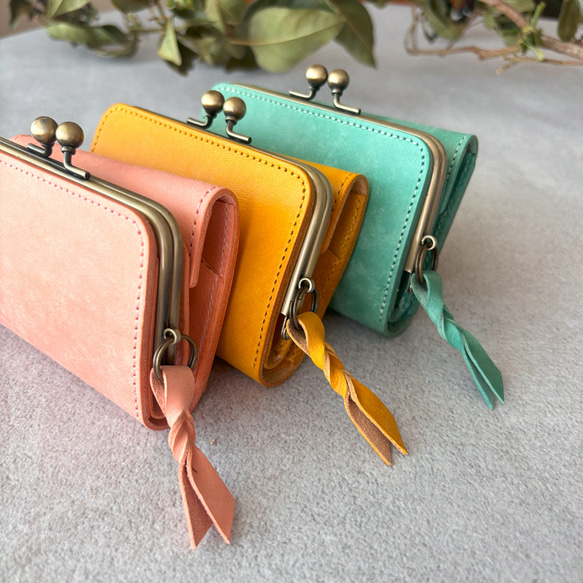 がま口 三つ折り財布 ミニ財布 コンパクト財布 小銭入れ カードケース イタリアレザー 浪曼派のがま口 名入れ 刻印 8枚目の画像