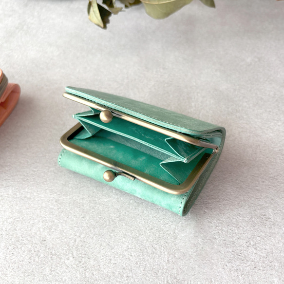 がま口 三つ折り財布 ミニ財布 コンパクト財布 小銭入れ カードケース イタリアレザー 浪曼派のがま口 名入れ 刻印 4枚目の画像