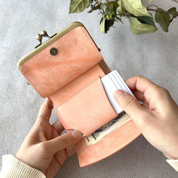 がま口 三つ折り財布 ミニ財布 コンパクト財布 小銭入れ カードケース イタリアレザー 浪曼派のがま口 名入れ 刻印 7枚目の画像