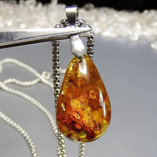 一点物貴重天然石アンバー琥珀天然しずく形ペンダントステンレス  