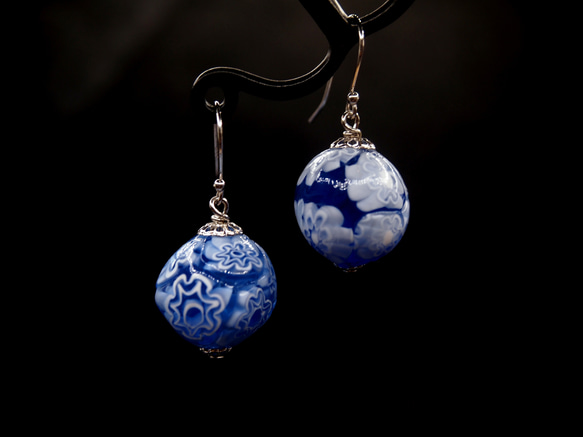 威尼斯穆拉諾琉璃珠耳環 #GE0198 藍花 第1張的照片