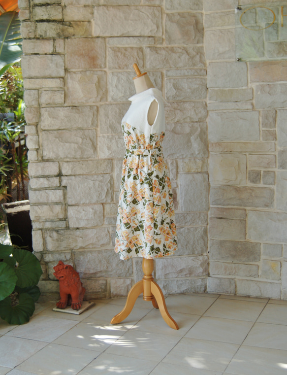 清新植物橙古典連身裙雙色法式袖捲領 第6張的照片
