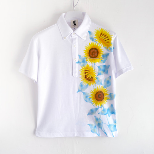 手描きひまわり柄ボタンダウンポロシャツ ホワイト 吸湿速乾ドライ生地