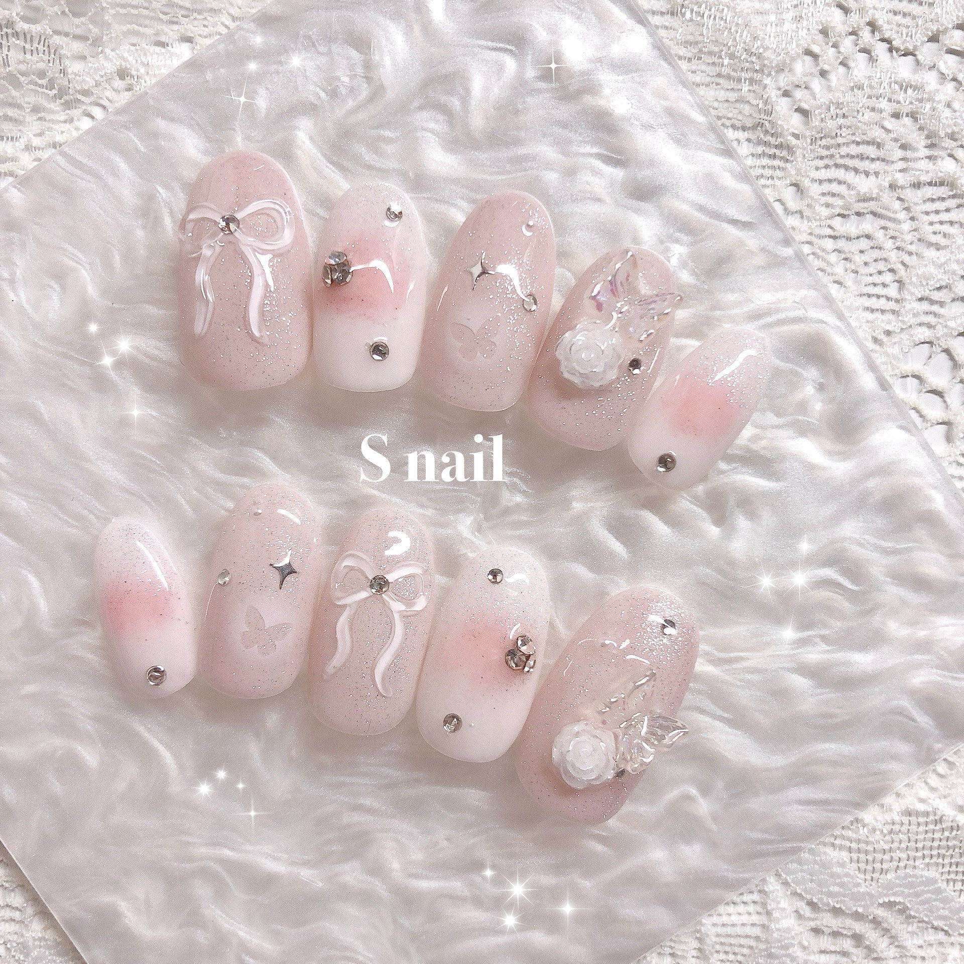 ネイルチップ ピンク リボン 薔薇 蝶々 韓国 ワンホンネイル フレンチ  