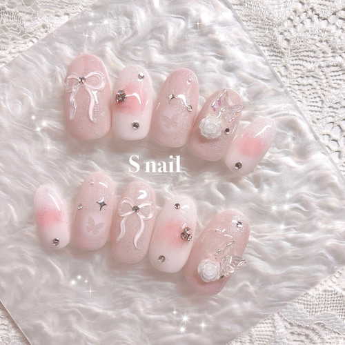 ネイルチップ ピンク リボン 薔薇 蝶々 韓国 ワンホンネイル フレンチ  