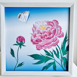 「芍薬とツバメシジミ蝶」インテリアイラスト絵画ポスター　(＋1000円で正方形額縁付き) 2枚目の画像