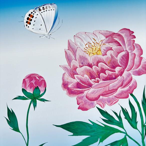 「芍薬とツバメシジミ蝶」インテリアイラスト絵画ポスター　(＋1000円で正方形額縁付き) 3枚目の画像