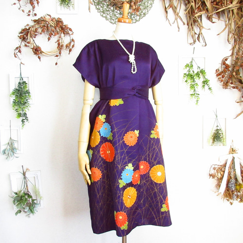 大きめサイズ】着物ドレス◎華紫◎細見え縦長シルエット&オール  