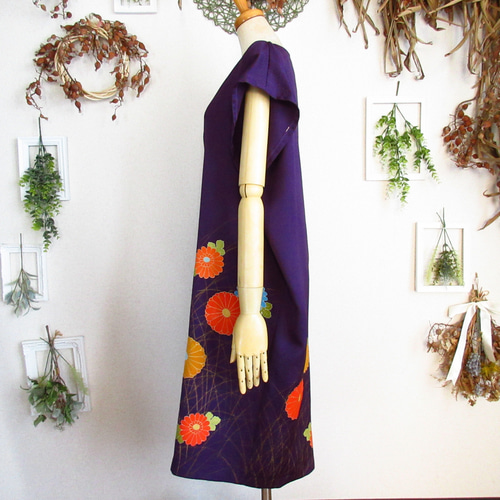 着物　ドレス　サイズ9 大きめサイズ】着物ドレス◎華紫◎細見え縦長シルエット&オール