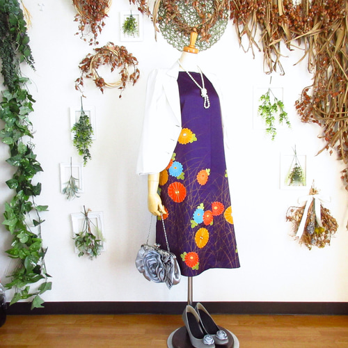 大きめサイズ】着物ドレス◎華紫◎細見え縦長シルエット&オール  