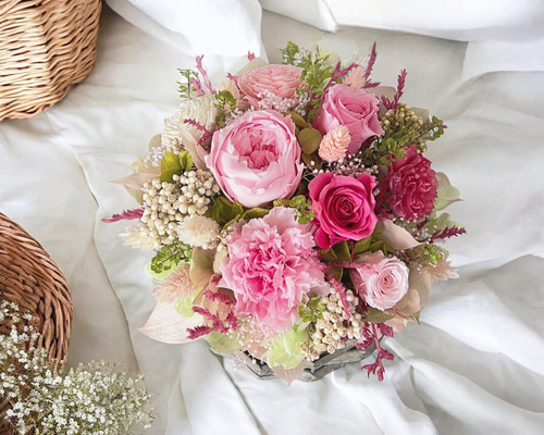 てまりバラのバスケット ピンクバラ プリザーブドフラワーバスケット