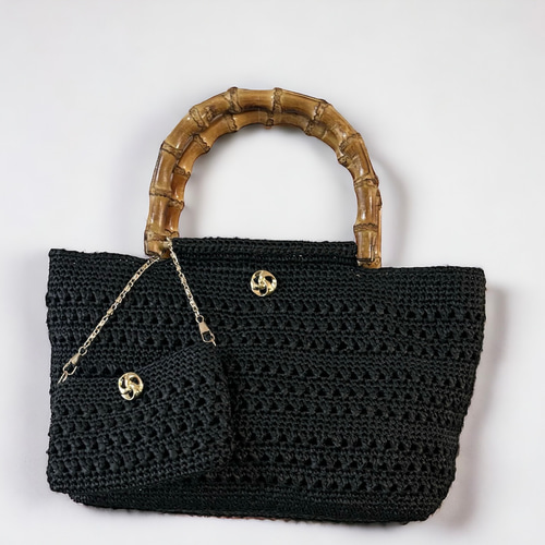 軽くてナチュラルな、バンブーハンドルのかごバッグブラック(内布  