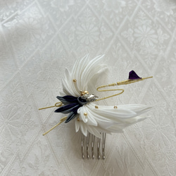 正絹羽二重　つまみ細工　鶴の髪飾り　紫 3枚目の画像