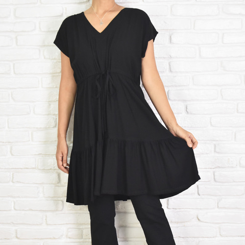 大きいサイズ】シンプルな大人の半袖フリルチュニックワンピース 