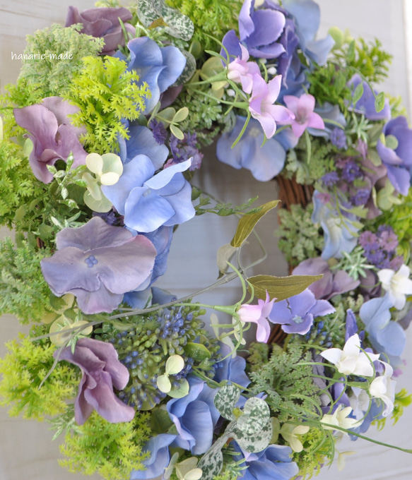 ブルーの紫陽花と涼やかなベルフラワー　リース：あじさい　ブルー　パープル　白　涼やか　 4枚目の画像