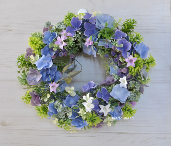 ブルーの紫陽花と涼やかなベルフラワー　リース：あじさい　ブルー　パープル　白　涼やか　 12枚目の画像