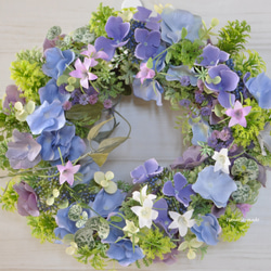 ブルーの紫陽花と涼やかなベルフラワー　リース：あじさい　ブルー　パープル　白　涼やか　 15枚目の画像