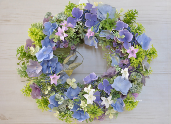 ブルーの紫陽花と涼やかなベルフラワー　リース：あじさい　ブルー　パープル　白　涼やか　 15枚目の画像