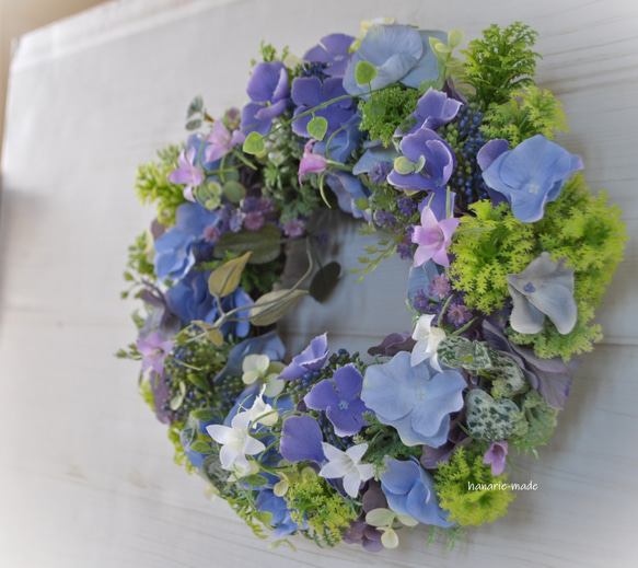 ブルーの紫陽花と涼やかなベルフラワー　リース：あじさい　ブルー　パープル　白　涼やか　 7枚目の画像