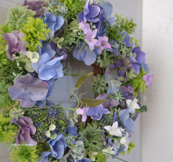 ブルーの紫陽花と涼やかなベルフラワー　リース：あじさい　ブルー　パープル　白　涼やか　 11枚目の画像