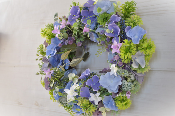 ブルーの紫陽花と涼やかなベルフラワー　リース：あじさい　ブルー　パープル　白　涼やか　 10枚目の画像