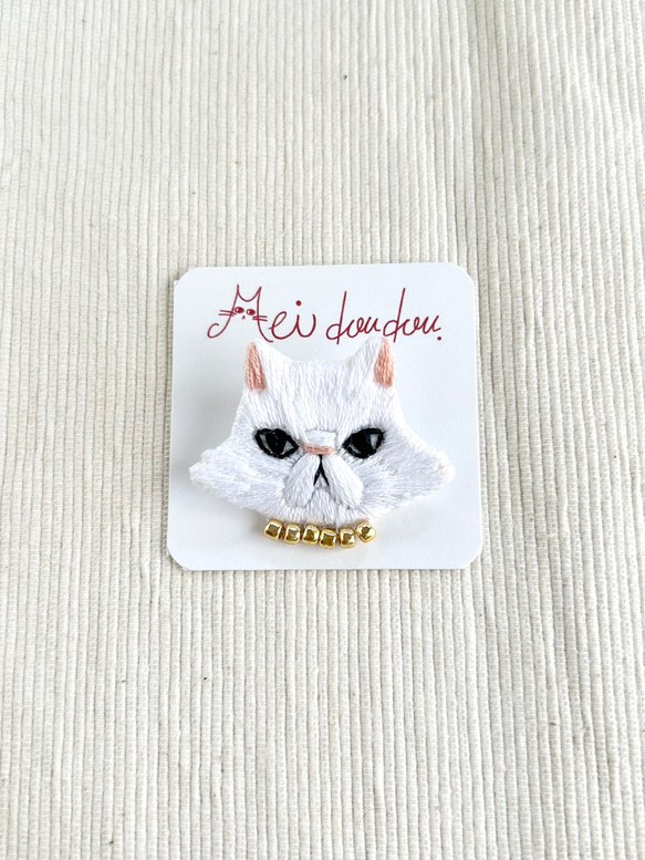 ヘアゴム＆ブローチ ペルシャ猫刺繍（白） ブローチ Meidoudou 