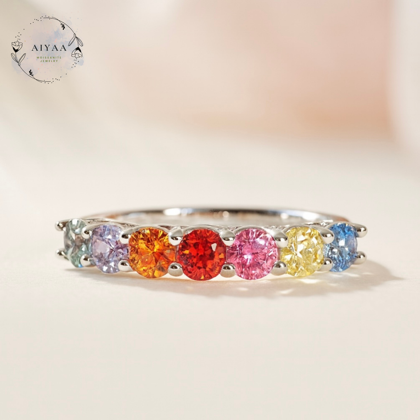 モアサナイト マルチカラーリング 3mm×7石｜12色オーダー可・世界に一