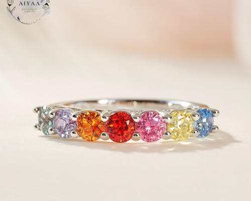 モアサナイト マルチカラーリング 3mm×7石｜12色オーダー可・世界に一