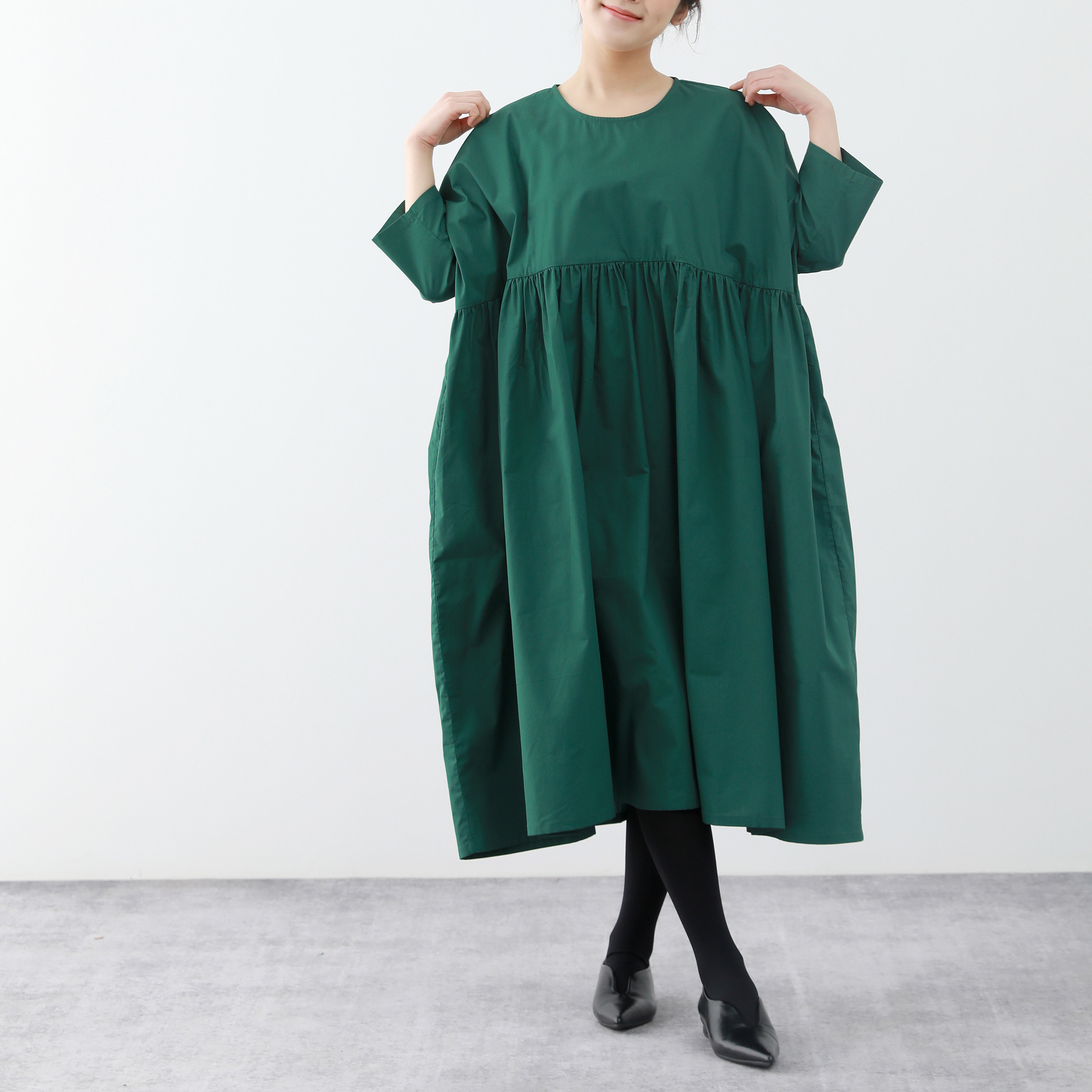 裾上げ無料♪サイズオーダー可♪大人のかわいい　コットン100％　ふんわり　ゆったり　キャザー　ロングワンピース