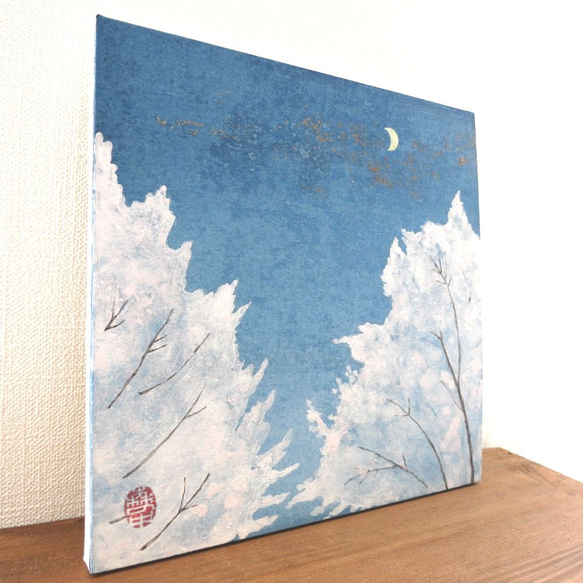 【日本画原画】桜の木と三日月　ミニアートパネル　インテリアアート　絵のある暮らし 4枚目の画像
