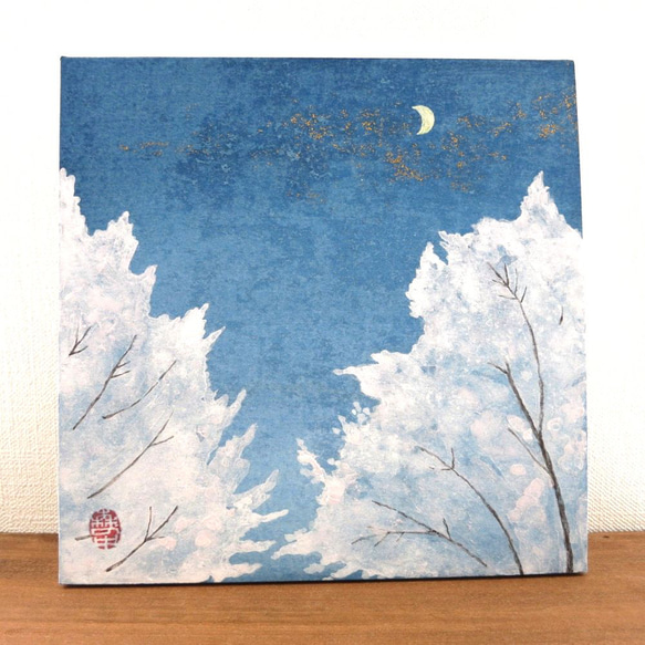 【日本画原画】桜の木と三日月　ミニアートパネル　インテリアアート　絵のある暮らし 2枚目の画像