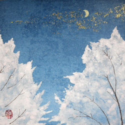 【日本画原画】桜の木と三日月　ミニアートパネル　インテリアアート　絵のある暮らし 1枚目の画像
