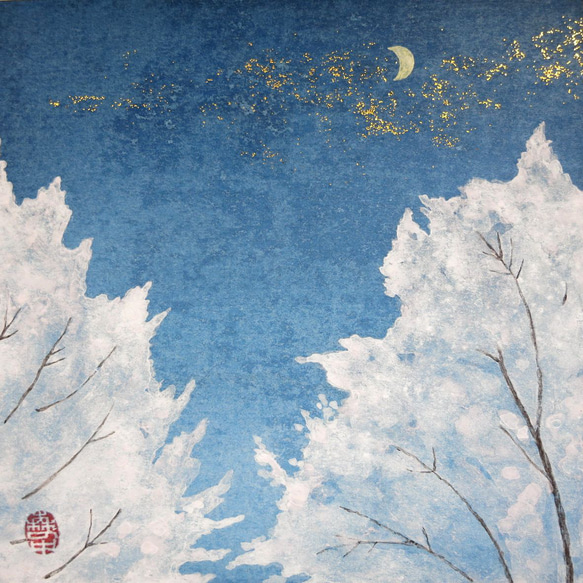 【日本画原画】桜の木と三日月　ミニアートパネル　インテリアアート　絵のある暮らし 1枚目の画像