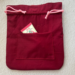 和柄　巾着袋　ピンク系　矢絣と椿　Lサイズ　裏付き　内ポケットあり　 2枚目の画像