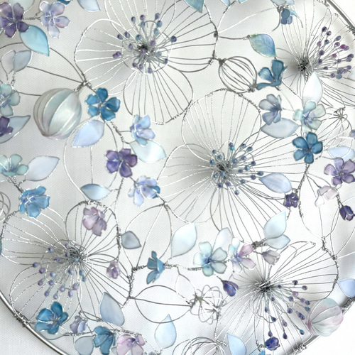 一点物】青い小花の壁飾り ウォールアート 約30㎝ ワイヤーリース