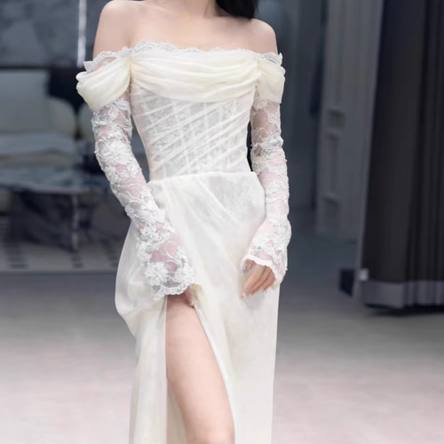 美しい花レース シアーな美しさ 長袖 オフショルダー 美しい花レース シアーな美しさ 長袖 オフショルダー